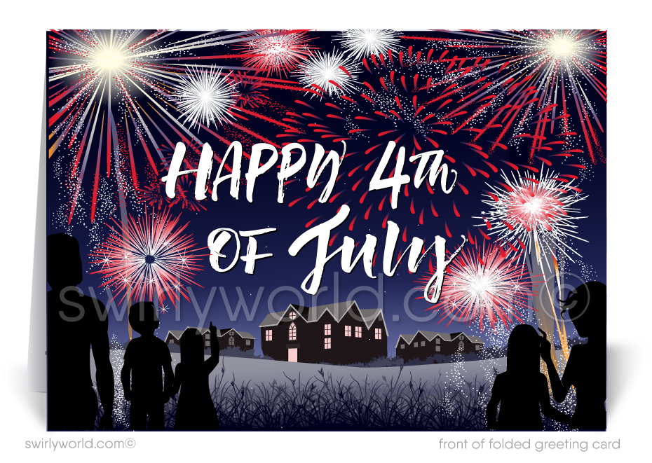 Happy independence day! Patriotic Neighborhood with Fireworks Real Estate Fourth of July Cards for Realtors®