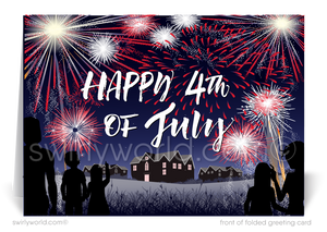 Happy independence day! Patriotic Neighborhood with Fireworks Real Estate Fourth of July Cards for Realtors®