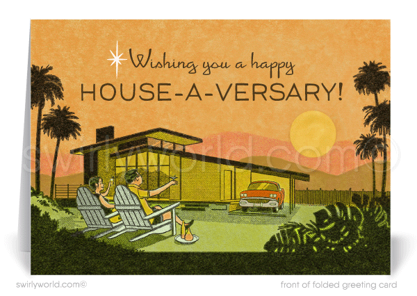 Retro Palm Springs Mid-century Modern Retro Home Anniversary Cards for Realtors.