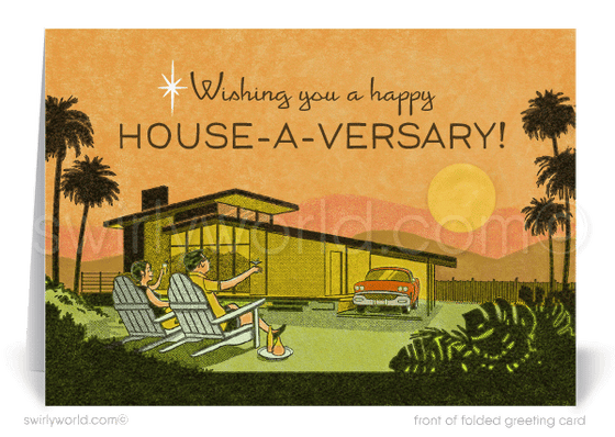 Retro Palm Springs Mid-century Modern Retro Home Anniversary Cards for Realtors.