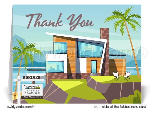 Retro Beach Front Mid-Century Modern Home Thank You Note Cards for Realtors,  Architects, Designers.