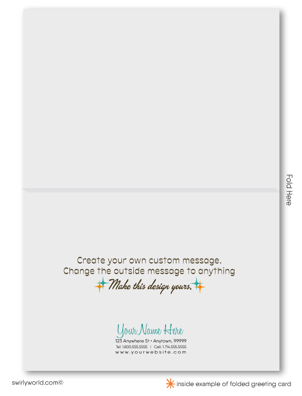 Retro aqua, brown, and orange atomic mid-century modern design pattern for printed thank you note cards.