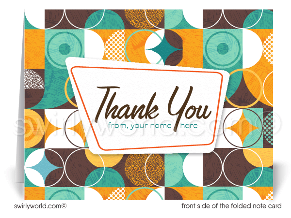 Retro aqua, brown, and orange atomic mid-century modern design pattern for printed thank you note cards.