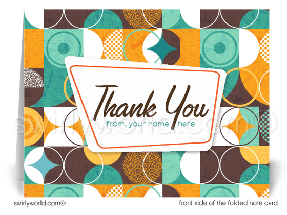 Retro aqua, brown, and orange atomic mid-century modern design pattern for printed thank you note cards.