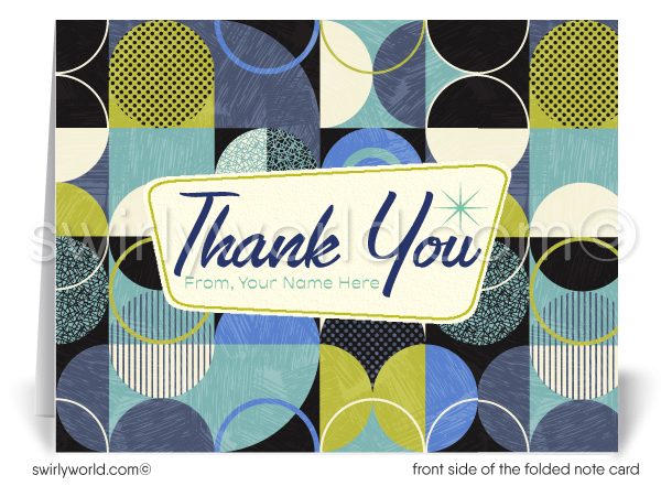 Retro mid-century modern pattern design for thank you note cards that are printed and shipped.