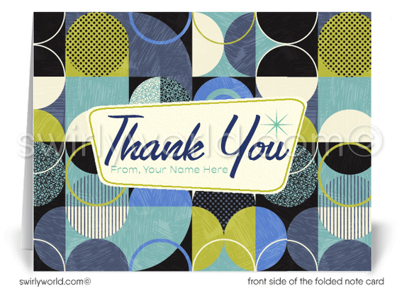 Retro mid-century modern pattern design for thank you note cards that are printed and shipped.