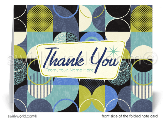 Retro mid-century modern pattern design for thank you note cards that are printed and shipped.