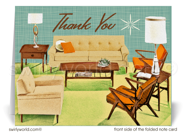 Retro Mid-Century Modern Home Interior Thank You Note Cards for Realtors, Architects, Designers.