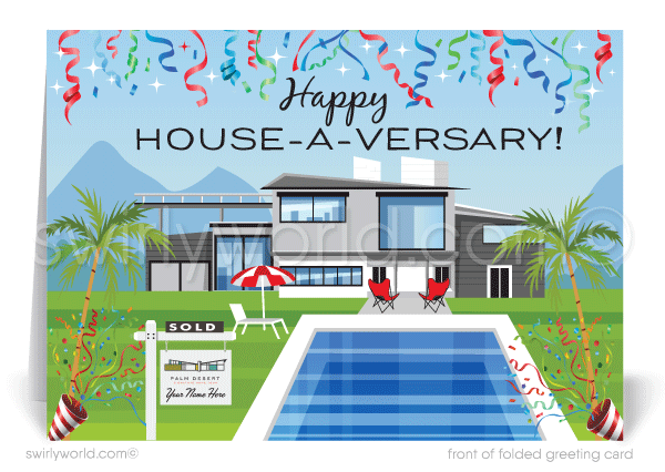 Modern contemporary house with confetti and balloons; happy home anniversary greeting card marketing for Realtors®. Real Estate marketing for clients.