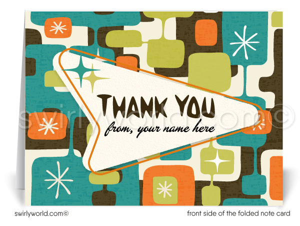 Retro aqua, green, brown and orange atomic mid-century modern design pattern for printed thank you note cards.
