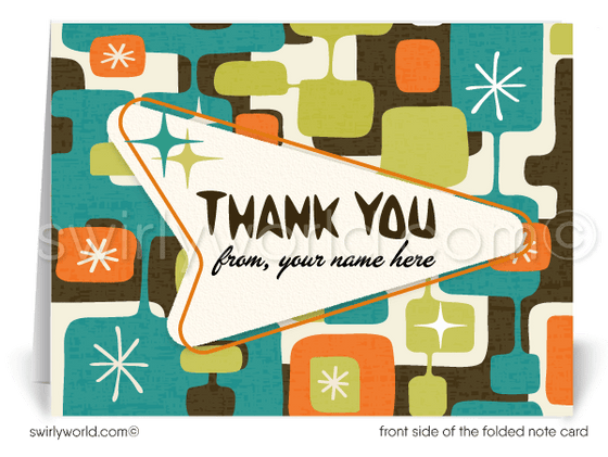 Retro aqua, green, brown and orange atomic mid-century modern design pattern for printed thank you note cards.
