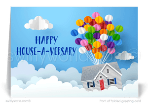 Realtor home anniversary congratulations buyer house-a-versary cards. Realtor happy home anniversary for clients.
