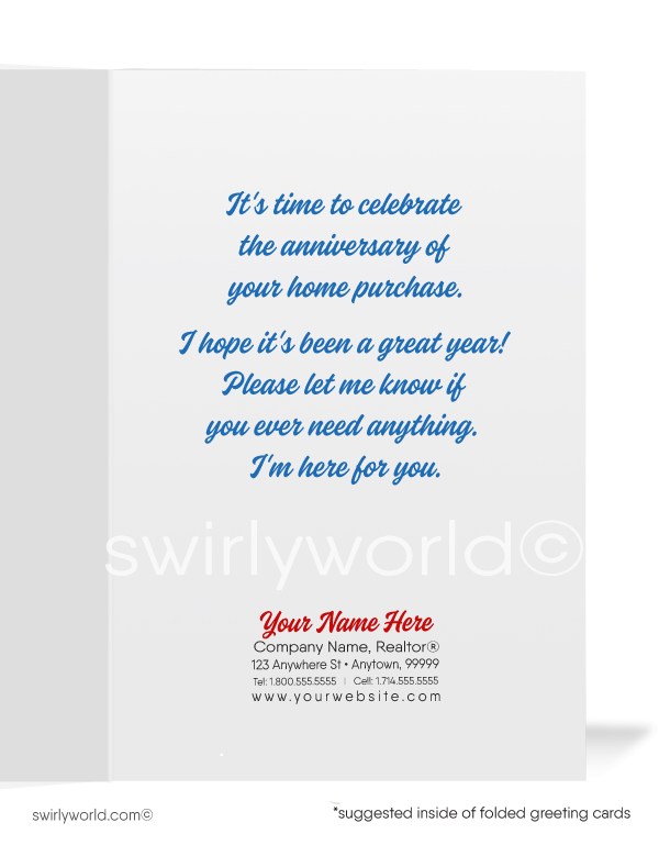 Happy House-a-versary Home Anniversary Card Marketing for Realtors. House with balloons UP