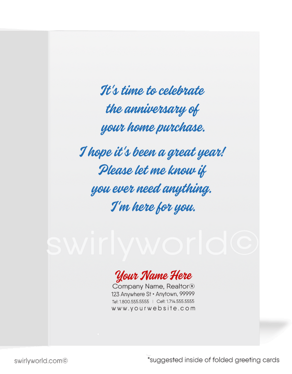 Happy House-a-versary Home Anniversary Card Marketing for Realtors. House with balloons UP