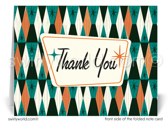 Retro atomic mid-century modern 1950s starburst design pattern for printed thank you note cards.