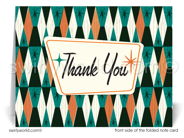 Retro atomic mid-century modern 1950s starburst design pattern for printed thank you note cards.