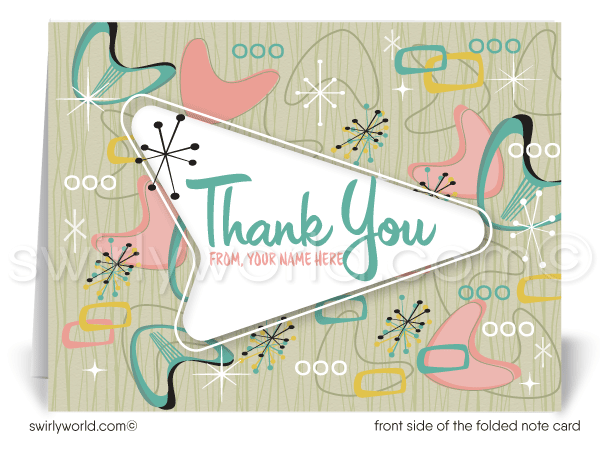 Pink Starburst Atomic Retro Modern Boomerang Mid-Century Pattern Thank Cards