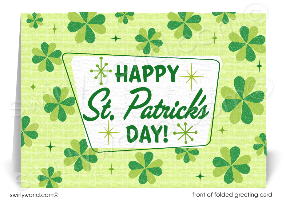 Retro modern starbursts green shamrock "Luck of the Irish" happy St. Patrick's Day cards for professional business.
