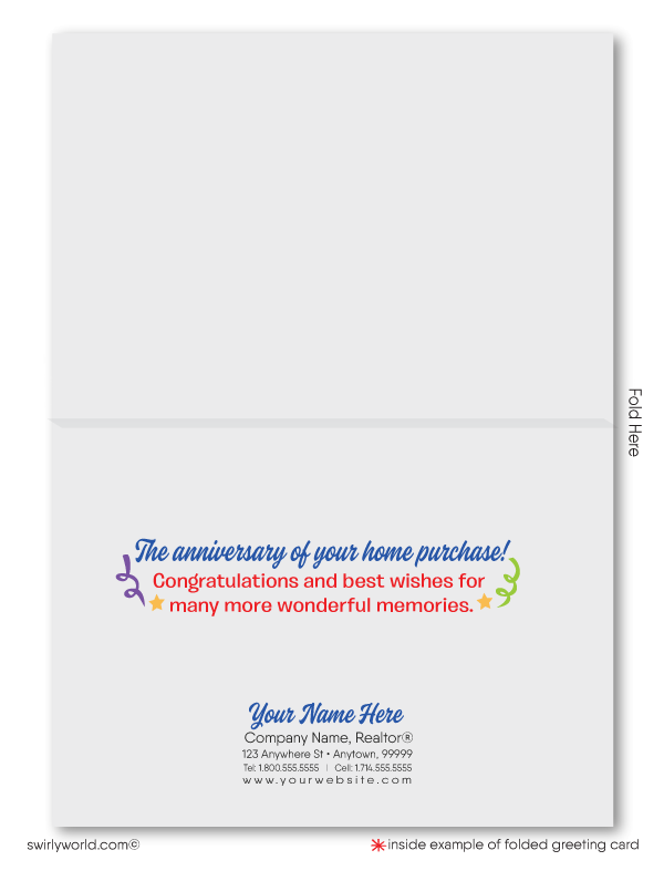 Cute house with confetti and balloons; happy home anniversary greeting card marketing for Realtors®.