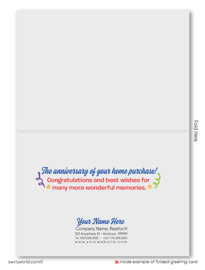 Cute house with confetti and balloons; happy home anniversary greeting card marketing for Realtors®.