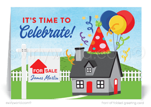 Cute house with confetti and balloons; happy home anniversary greeting card marketing for Realtors®.