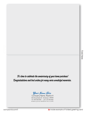 Cute house with big red bow tied around it; happy home anniversary greeting card marketing for Realtors®.