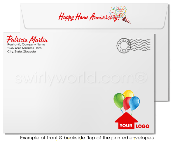 Cute house with big red bow tied around it; happy home anniversary greeting card marketing for Realtors®.