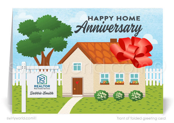 Cute house with big red bow tied around it; happy home anniversary greeting card marketing for Realtors®.
