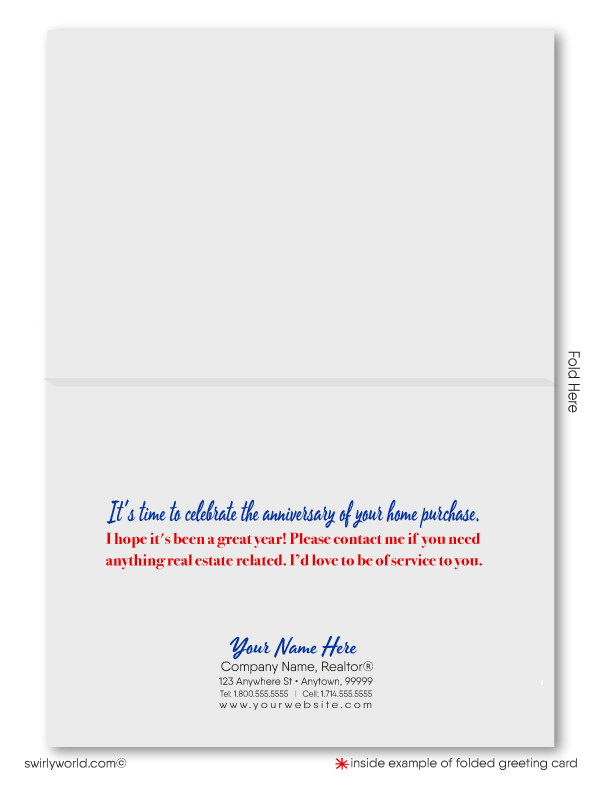 Happy house-a-versary Home anniversary celebrating buyers first year anniversary in new home. Marketing for Realtors and real estate agents.