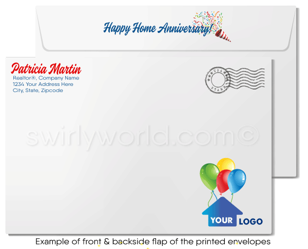 Happy Home Anniversary for Clients from Realtor® House with Red Bow and Balloons