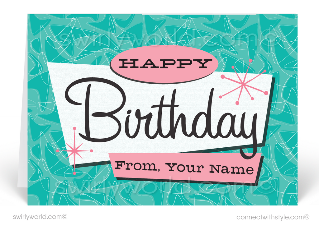 1950's Mid-Century Modern Retro Pink and Blue Happy Birthday Cards