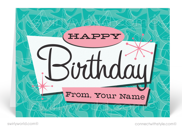 1950's Mid-Century Modern Retro Pink and Blue Happy Birthday Cards