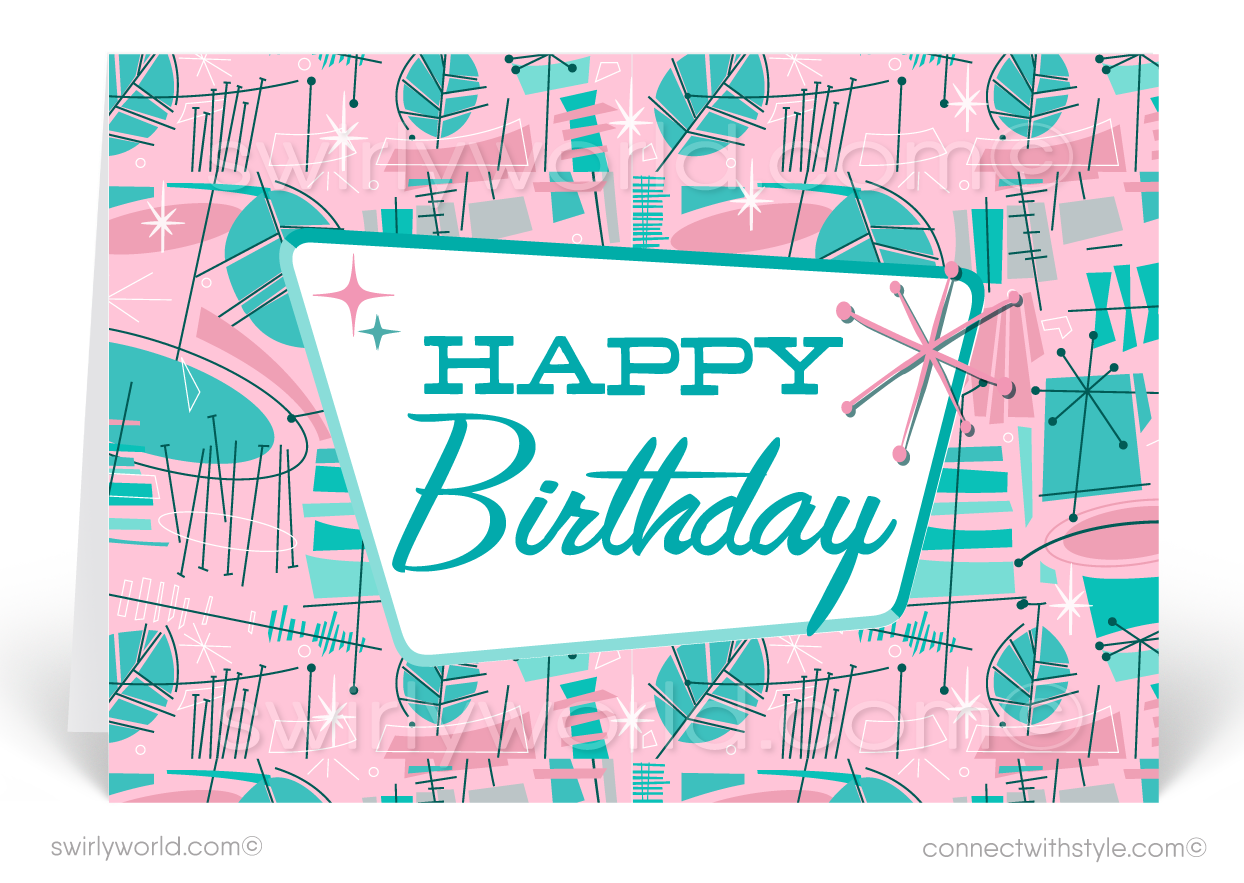 Mid-Century Pink Retro Modern Happy Birthday Cards