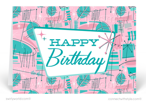 Mid-Century Pink Retro Modern Happy Birthday Cards