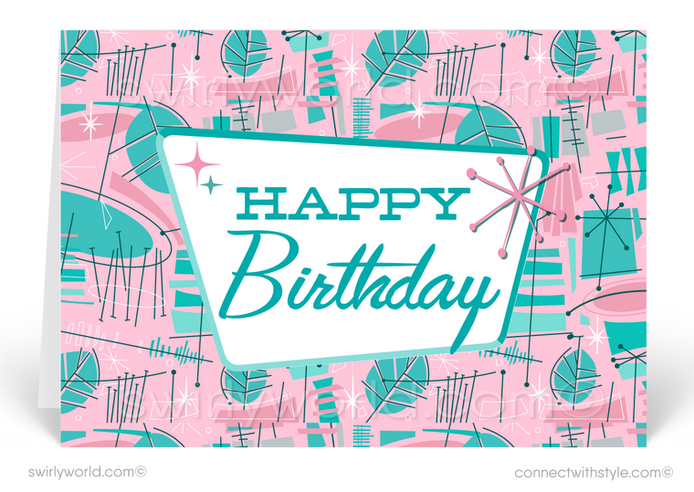 Mid-Century Pink Retro Modern Happy Birthday Cards