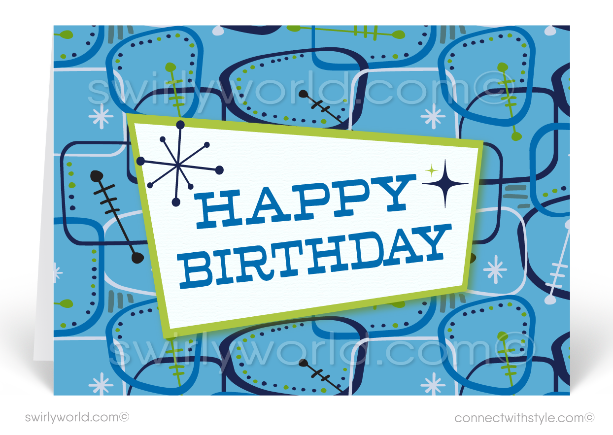 Retro Blue Atomic Modern Mid-Century Style Birthday Cards