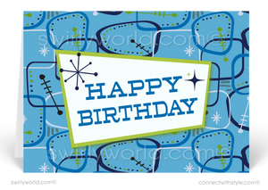 Retro Blue Atomic Modern Mid-Century Style Birthday Cards