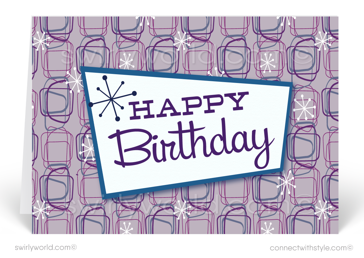 Retro Purple Atomic Modern Mid-Century Style Birthday Cards