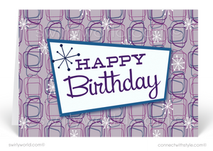 Retro Purple Atomic Modern Mid-Century Style Birthday Cards