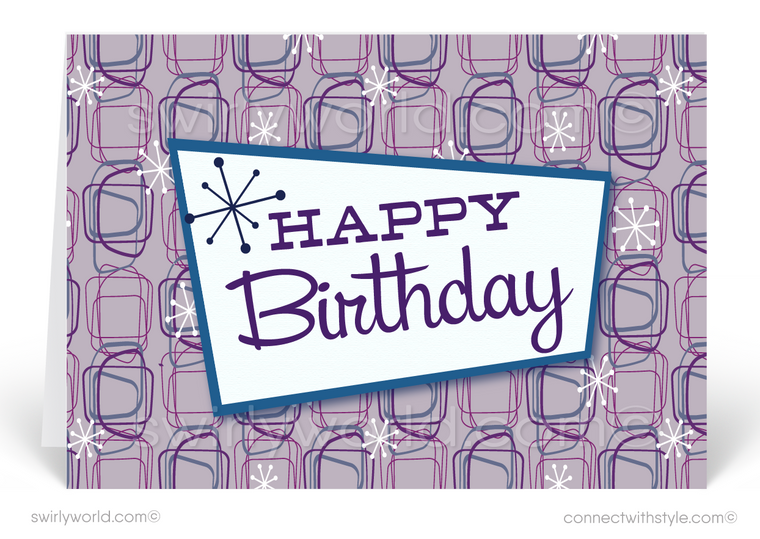 Retro Purple Atomic Modern Mid-Century Style Birthday Cards