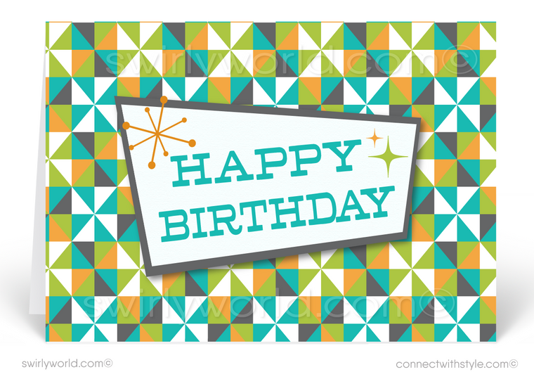 Atomic Retro Green and Blue Mid-Century Modern Style Birthday Cards