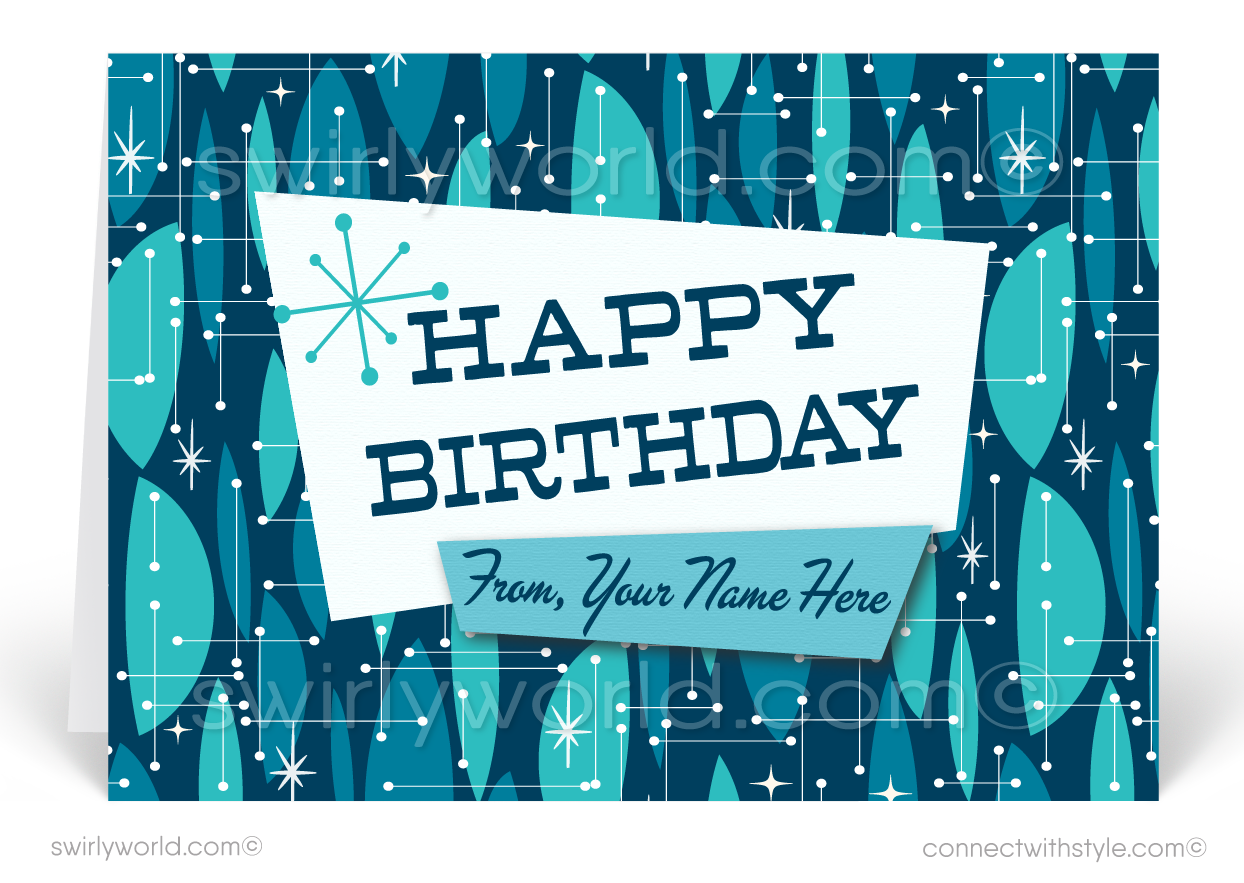 Atomic Retro Mod Blue Mid-Century Modern Style Birthday Cards