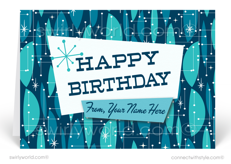 Atomic Retro Mod Blue Mid-Century Modern Style Birthday Cards