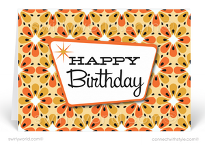 Atomic Retro Orange and Yellow Flowers Mid-Century Modern Birthday Cards