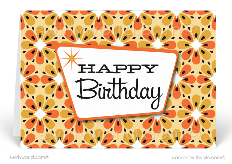 Atomic Retro Orange and Yellow Flowers Mid-Century Modern Birthday Cards