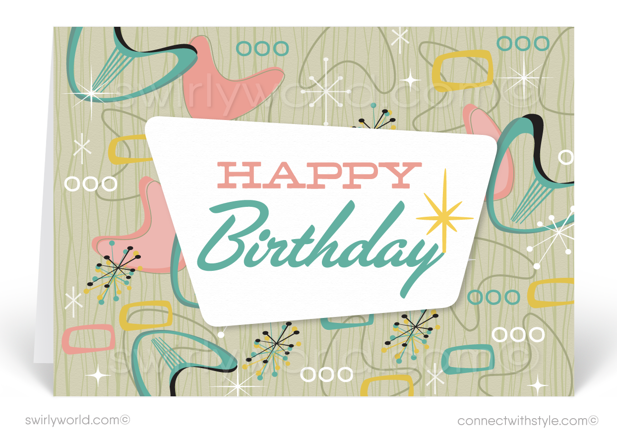 1950's Mid-Century Atomic Modern Retro Boomerang Happy Birthday Cards