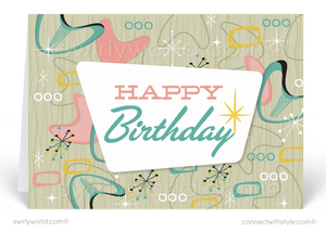1950's Mid-Century Atomic Modern Retro Boomerang Happy Birthday Cards