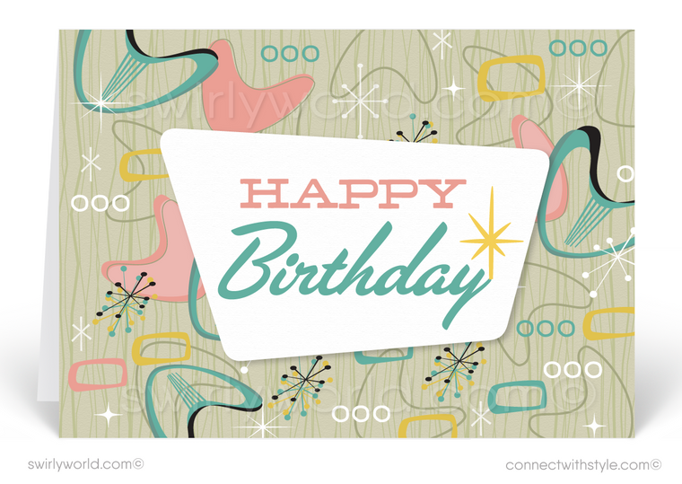 1950's Mid-Century Atomic Modern Retro Boomerang Happy Birthday Cards