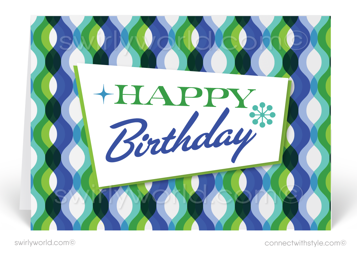 Sixties Retro Mod Mid-Century Modern Waves Happy Birthday Greeting Cards