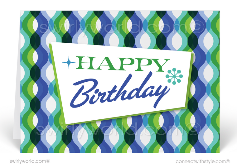 Sixties Retro Mod Mid-Century Modern Waves Happy Birthday Greeting Cards